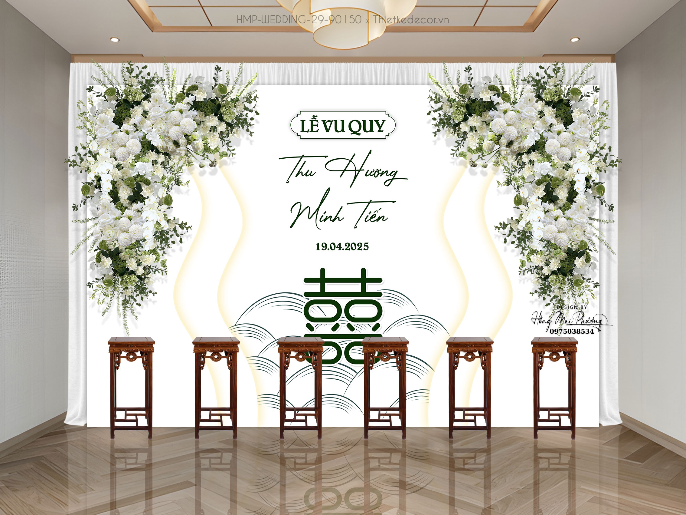 Gia tiên tone trắng với shape lượn sóng có thể dùng cho sân khấu và backdrop check in